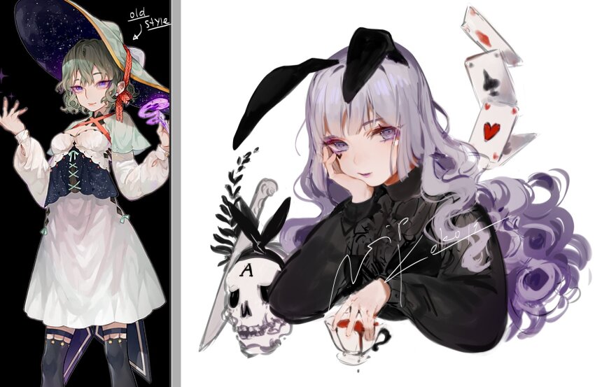 2girls animal_ear_hairband animal_ears black_leggings black_shirt breasts card corset dress facial_mark fake_animal_ears green_hair hairband hand_on_own_chin hat heart heart_facial_mark highres knife leggings looking_at_viewer multiple_girls original parody playing_card purple_eyes purple_hair rabbit_ear_hairband rabbit_ears reference_inset shirt short_hair skull smile style_parody wavy_hair white_dress yoimon
