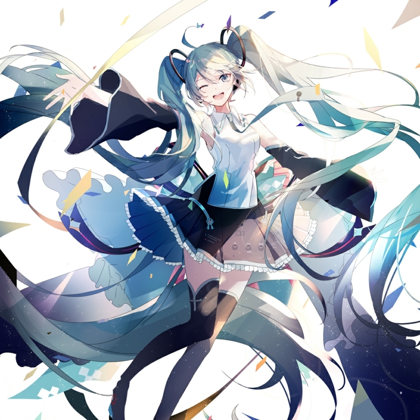 1girl absurdly_long_hair ahoge aqua_eyes aqua_hair aqua_necktie bare_shoulders black_skirt black_sleeves black_thighhighs commentary confetti detached_sleeves feet_out_of_frame female_focus frilled_skirt frills hair_ornament hatsune_miku hatsune_miku_(vocaloid4)_(chinese) headphones headset long_hair looking_at_viewer mamenomoto necktie one_eye_closed open_mouth outstretched_arms outstretched_hand ribbon shirt sidelighting skirt sleeveless sleeveless_shirt smile solo standing thighhighs twintails very_long_hair vocaloid white_background white_shirt zettai_ryouiki