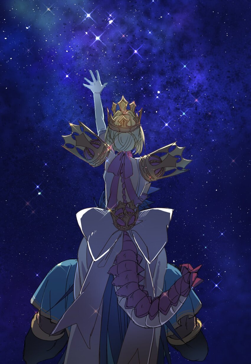 1boy 1girl arm_up back_bow black_gloves blonde_hair blue_hair blue_robe bow carrying crown dragon_tail elbow_gloves facing_away fate/grand_order fate_(series) from_behind gloves gold_crown hair_bun hair_ribbon highres long_hair nero_claudius_(fate) night queen_draco_(fate) queen_draco_(second_ascension)_(fate) red_ribbon ribbon robe romulus_quirinus_(fate) short_sleeves shoulder_carry shoulder_spikes single_hair_bun sky spikes star_(sky) starry_sky tail upper_body white_bow white_gloves yayayakan