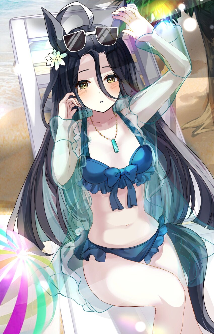 1girl ahoge alternate_costume animal_ears ball beach_chair beachball bikini black_hair blue_bikini blue_bow bow commentary_request day ear_flower eyewear_on_head frilled_bikini frills hair_between_eyes hanamura_pink highres horse_ears horse_girl horse_tail jewelry lens_flare manhattan_cafe_(umamusume) multicolored_hair navel necklace outdoors sand see-through_clothes see-through_sleeves sitting solo stomach streaked_hair swimsuit tail umamusume white-framed_eyewear white_hair yellow_eyes