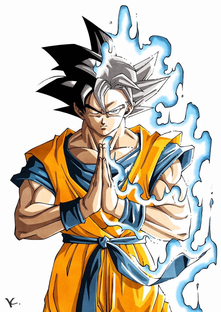 aura belt black_hair blue_belt blue_shirt commentary_request dougi dragon_ball dragon_ball_super grey_eyes grey_hair highres kakeru_(dbskakeru) looking_at_viewer multicolored_hair muscular muscular_male one_eye_closed orange_dougi own_hands_together shirt short_sleeves simple_background son_goku spiked_hair ultra_instinct upper_body white_background
