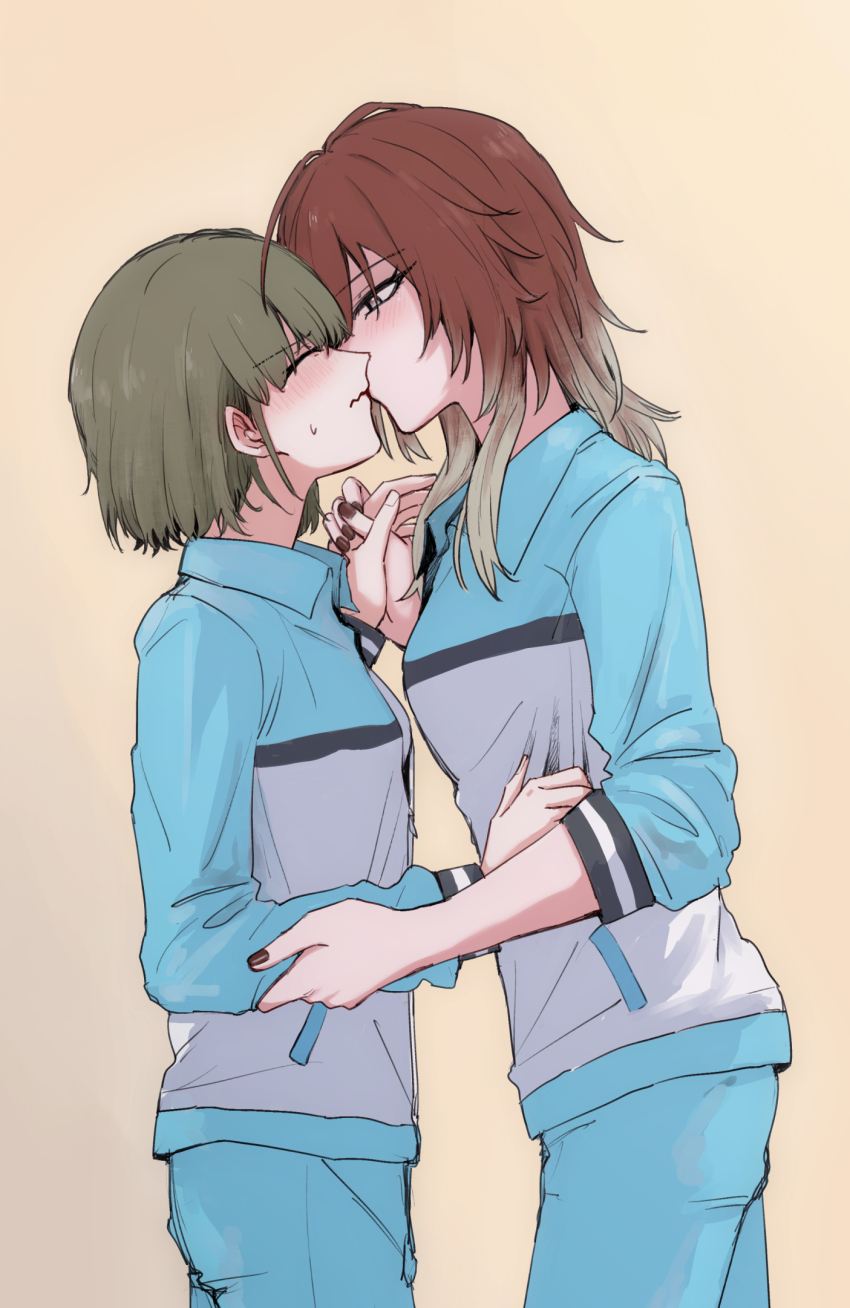 2girls black_nails blue_jacket blue_pants blush closed_eyes commentary_request gradient_hair green_hair highres holding_hands idolmaster idolmaster_shiny_colors ikaruga_luca ikuta_haruki jacket kiss long_hair long_sleeves looking_at_another mine_hn multicolored_hair multiple_girls pants red_hair short_hair simple_background sweatdrop yellow_background yuri