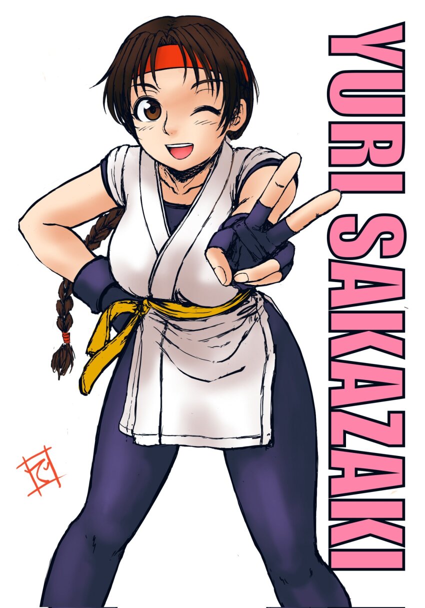 1girl artist_name braid braided_ponytail breasts brown_hair character_name fingerless_gloves gloves headband highres large_breasts leaning_forward long_hair looking_at_viewer one_eye_closed open_mouth ryuuko_no_ken smile snk solo spandex teeth the_king_of_fighters tongue v victory_pose wink yuri_sakazaki