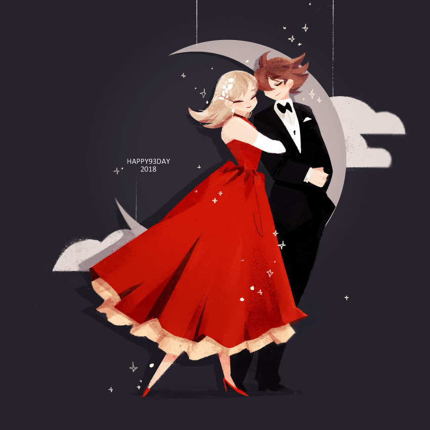ahoge arm_hug black_suit blonde_hair brown_hair couple cyborg cyborg_009 dress earrings elbow_gloves formal_clothes francoise_arnoul gloves hair_over_face hairband highres jewelry long_eyelashes manodemarina night night_sky red_dress red_shoes shimamura_joe shirt shoes sky suit white_hairband white_shirt