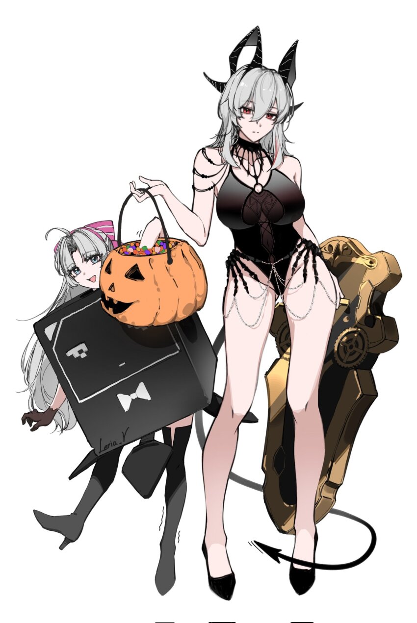 2girls ahoge alternate_costume bare_legs bare_shoulders black_horns black_leotard black_shoes black_tail bow breasts carlotta_(wuthering_waves) closed_mouth collarbone commentary curled_horns demon_tail english_commentary gluteal_fold hair_between_eyes hair_bow halloween_costume highleg highleg_leotard highres holding horns kuro_games large_breasts legs leotard leria_v looking_at_viewer multicolored_hair multiple_girls open_mouth parted_bangs pink_bow red_eyes shield shoes simple_background smile streaked_hair striped_bow tail thighs white_background wuthering_waves zani_(wuthering_waves)