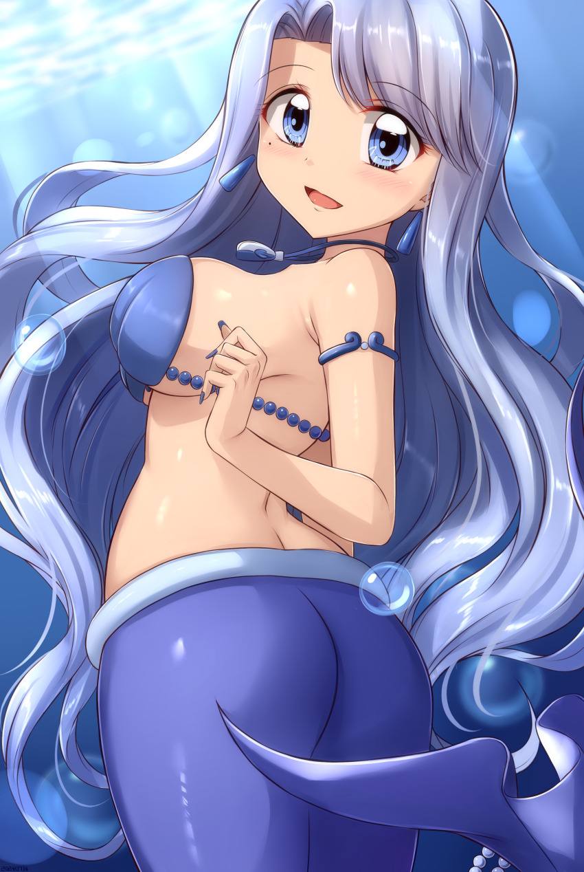 1girl :d absurdres air_bubble armlet ass bare_shoulders bead_tail_ornament bikini blue_eyes blue_hair blue_nails blush breasts bubble cleavage collarbone commentary cowboy_shot earrings highres jewelry large_breasts light_rays long_hair looking_at_viewer mermaid mermaid_melody_pichi_pichi_pitch mole mole_under_eye monster_girl nail_polish necklace noel_(mermaid_melody_pichi_pichi_pitch) open_mouth parted_bangs shell shell_bikini shell_necklace skywalker0610 smile solo swept_bangs tail tail_ornament twisted_torso underwater