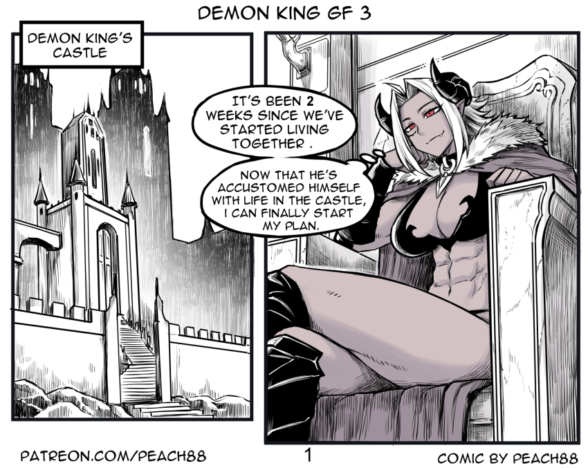 1girl abs alvida_(peach88) breasts cape castle cleavage comic dark-skinned_female dark_skin demon_girl demon_horns english_text fur-trimmed_cape fur_trim highres horns long_hair muscular muscular_female original peach88 pointy_ears red_eyes revealing_clothes speech_bubble thought_bubble thrown