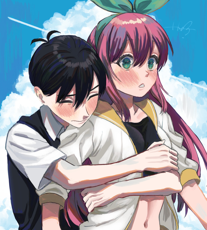 1boy 1girl ^_^ antenna_hair aubrey_(faraway)_(omori) aubrey_(omori) behind_another black_hair black_shirt black_sweater_vest blue_sky blush bow_hairband breasts closed_eyes closed_mouth cloud collarbone collared_shirt commentary_request cumulonimbus_cloud day double-parted_bangs fingernails green_eyes green_hairband hair_behind_ear hair_between_eyes hairband head_on_another&#039;s_shoulder highres hug hug_from_behind jacket long_hair midriff navel omori open_clothes open_jacket parted_lips pink_hair sailor_collar shirt short_hair short_sleeves shousan_(hno3syo) sky small_breasts smile straight_hair sunny_(omori) surprise_hug surprised sweater_vest three-quarter_sleeves upper_body white_jacket white_shirt wide-eyed yellow_sailor_collar
