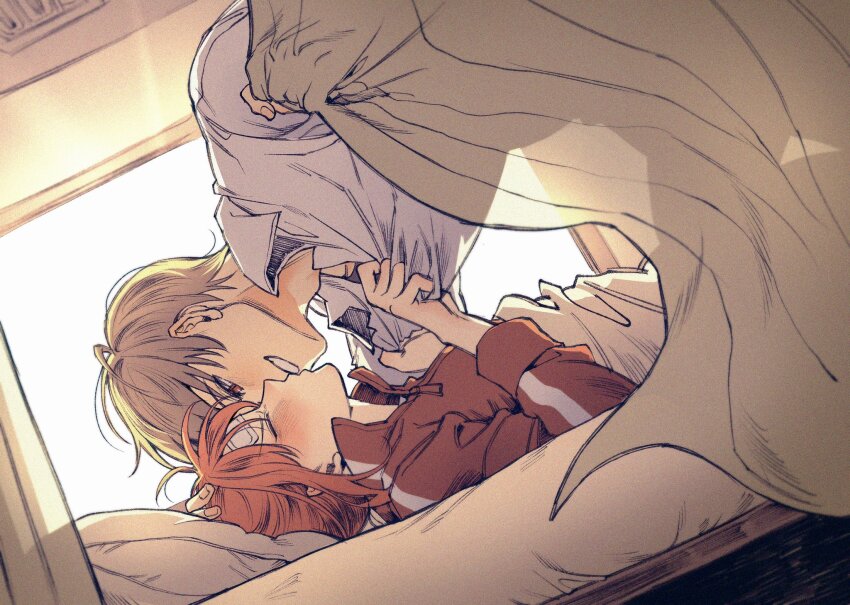 1boy 1girl bed bed_sheet blush couple g0nyag gintama highres jacket kagura_(gintama) looking_at_another okita_sougo on_bed red_jacket shirt