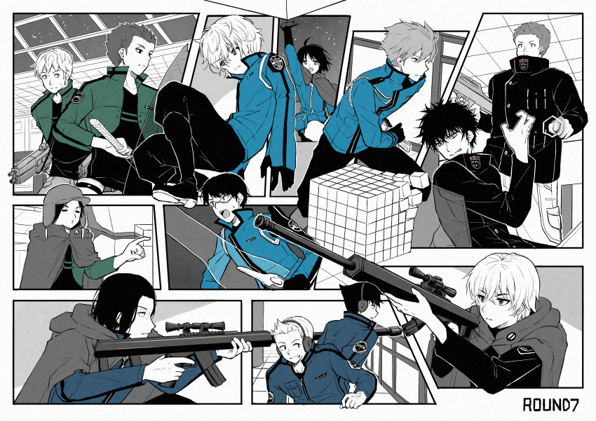 1girl 6+boys :d =_= absurdres aiguillette aiming amatori_chika arm_up azuma_haruaki betsuyaku_taichi black_footwear black_gloves black_hair black_jacket black_pants black_shirt blue_jacket bob_cut boots cape ceiling clenched_teeth cowlick cropped_jacket cube ema_yuzuru emblem english_text fighting_stance floating floating_hair glasses gloves green_jacket grin gun hat headphones highres holding holding_gun holding_sword holding_weapon hood hood_down hooded_cape hyuse jacket kageura_masato kitazoe_hiro knee_boots koarai_noboru kuga_yuuma kuro_n314 kuruma_tatsuya looking_afar looking_at_another looking_at_viewer looking_away looking_up multiple_boys murakami_kou okudera_tsuneyuki open_mouth outside_border outstretched_arm outstretched_arms pants pants_tucked_in partially_colored pointing popped_collar puckered_lips railing ready_to_draw rifle rindou_takumi running shield shirt short_hair sideways_glance smile sniper_rifle spiked_hair spoilers squatting star_(sky) sweat sword teeth tile_floor tiles transparent_weapon turtleneck uniform weapon white_pants world_trigger