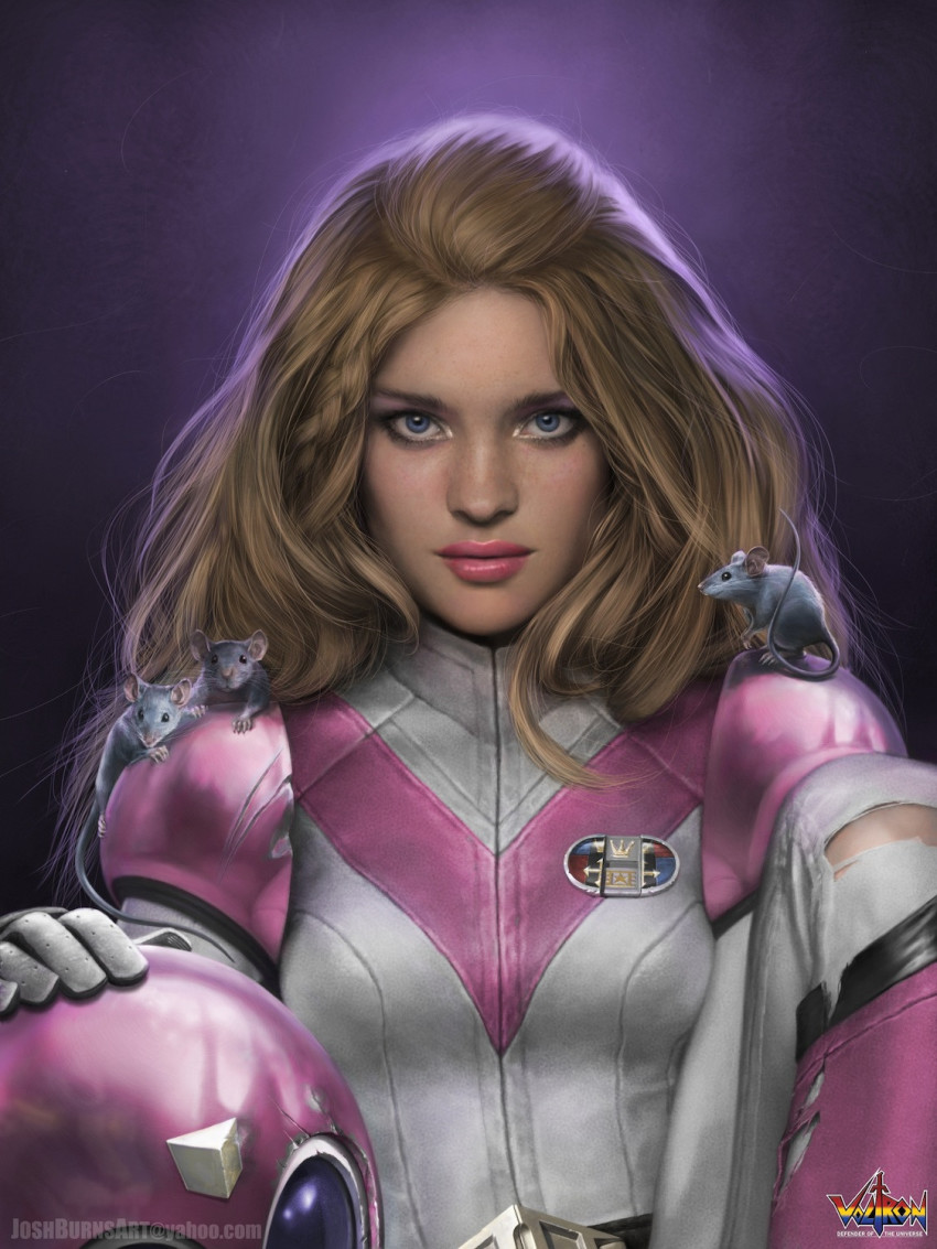 1girl armor belt blonde_hair blue_eyes commentary corel_painter_(medium) crown damaged english_commentary friends gloves helmet highres hyakujuu-ou_golion insignia josh_burns lips logo looking_at_viewer mouse_(animal) pilot_suit princess princess_farla realistic science_fiction shoulder_armor torn_clothes uniform unworn_headwear unworn_helmet upper_body voltron_(series)