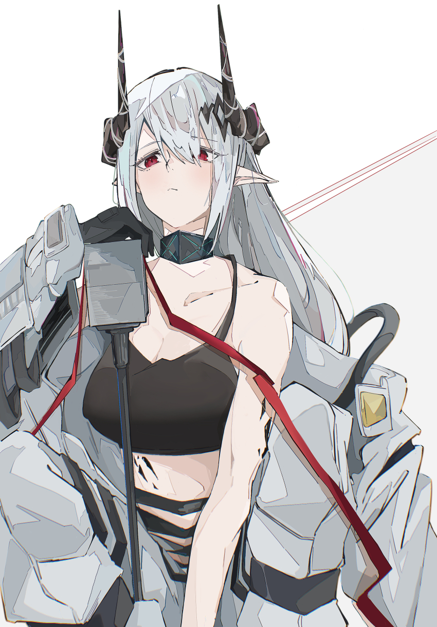 1girl absurdres adesu_(gekkahyouzin) arknights bare_shoulders black_gloves breasts cleavage closed_mouth collar collarbone elite_ii_(arknights) gloves grey_background grey_hair hammer highres horns infection_monitor_(arknights) large_breasts long_hair long_sleeves looking_at_viewer material_growth mudrock_(arknights) mudrock_(elite_ii)_(arknights) off_shoulder oripathy_lesion_(arknights) red_eyes sitting solo sports_bra two-tone_background very_long_hair white_background