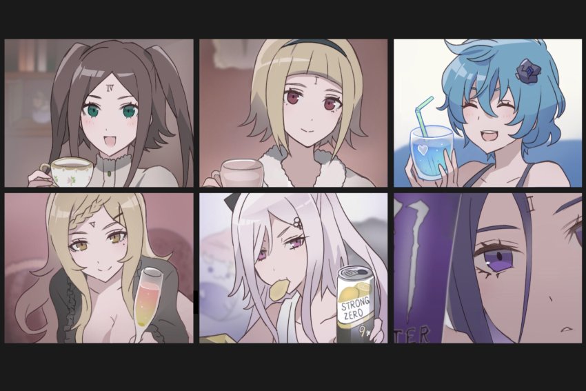 3ch_ 6+girls blonde_hair blush braid braided_bangs breasts brown_hair can cleavage cup drag-on_dragoon drag-on_dragoon_3 drinking_glass drinking_straw eating five_(drag-on_dragoon) four_(drag-on_dragoon) highres holding holding_can holding_cup large_breasts long_hair miichinori mole mole_under_eye monster_energy multiple_girls one_(drag-on_dragoon) pink_eyes purple_eyes purple_hair red_eyes short_hair single_braid smile strong_zero teacup three_(drag-on_dragoon) two_(drag-on_dragoon) white_hair wine_glass zero_(drag-on_dragoon)