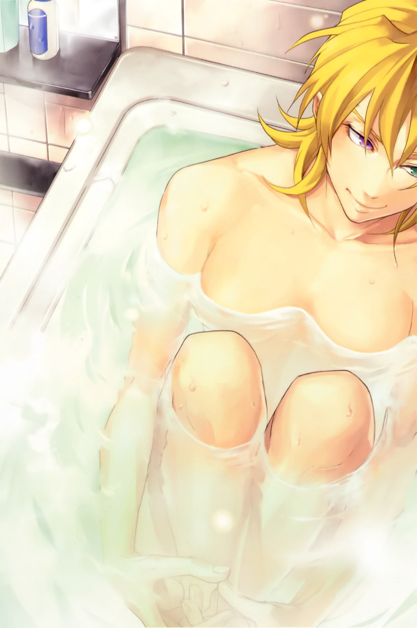 1girl absurdres banpresto bath blonde_hair breasts female_focus heterochromia highres indoors katina_tarask nude solo super_robot_wars super_robot_wars_original_generation water yuikawa_kazuno