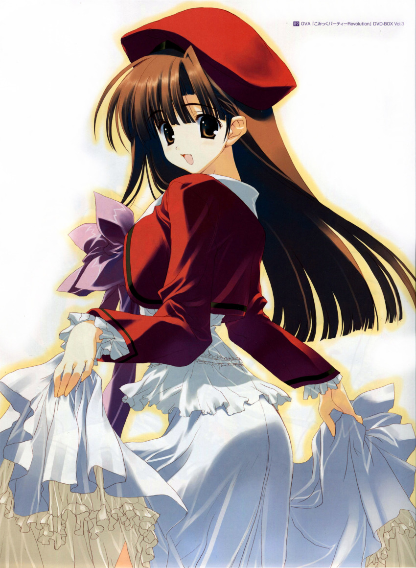 00s 1girl absurdres brown_eyes brown_hair clothes_lift comic_party dress female_focus hat highres long_hair long_skirt long_sleeves looking_at_viewer looking_back mikage_subaru nakamura_takeshi non-web_source open_mouth ribbon simple_background skirt skirt_lift smile solo very_long_hair