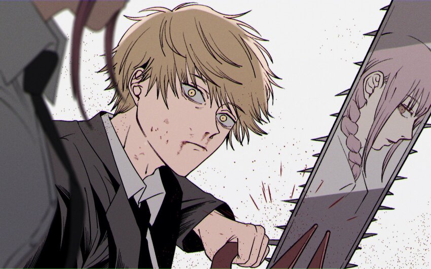 1boy 1girl black_jacket black_necktie blonde_hair blood blood_from_mouth braid breasts chainsaw chainsaw_man commentary_request denji_(chainsaw_man) formal_clothes frown highres holding holding_chainsaw jacket llq9ull makima_(chainsaw_man) medium_breasts necktie nosebleed red_hair reflection ringed_eyes sidelocks single_braid suit yellow_eyes