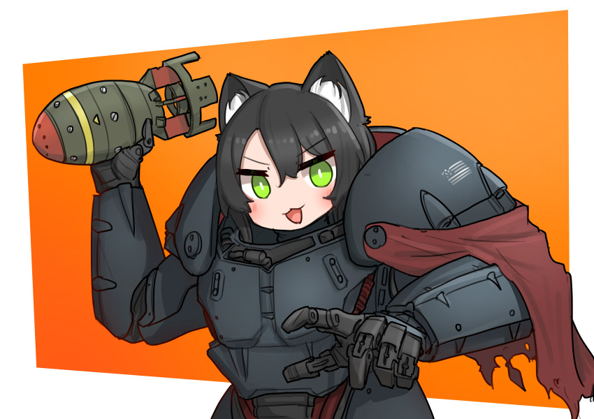 1girl :3 absurdres animal_ears armor black_hair bomb cape capelet cat_ears cat_girl chibi enclave_(fallout) explosive fallout green_eyes highres original power_armor srtdrawart throwing