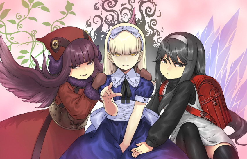 3girls ald alice_(megami_tensei) backpack bag bird_hood black_eyes black_hair black_thighhighs blonde_hair blue_dress blunt_bangs brown_mittens check_commentary commentary_request devil_summoner:_soul_hackers devil_summoner_(series) dress floating_hair frown gloves hair_ribbon hair_wings hairband highres long_hair megami_tensei mittens multiple_girls muu_shuwuu_(megami_tensei) open_mouth petticoat pointing pointing_at_viewer purple_hair randoseru red_bag ribbon sako_erika shin_megami_tensei short_sleeves smile thighhighs very_long_hair wings yellow_eyes