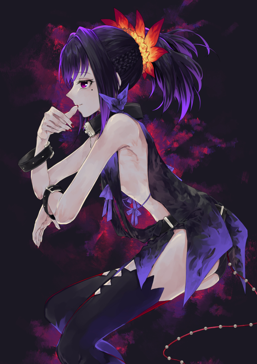 1girl ama_asagi aura bare_shoulders black_choker black_hair black_panties black_thighhighs braid choker dark_aura female_focus flower from_side hair_flower hair_ornament highres looking_to_the_side medium_hair mole mole_under_eye multicolored_hair multiple_braids nail_polish panties purple_eyes purple_hair red_nails sideless_outfit smile solo symonne_(tales) tales_of_(series) tales_of_zestiria thighhighs thumb_to_mouth twintails two-tone_hair underwear