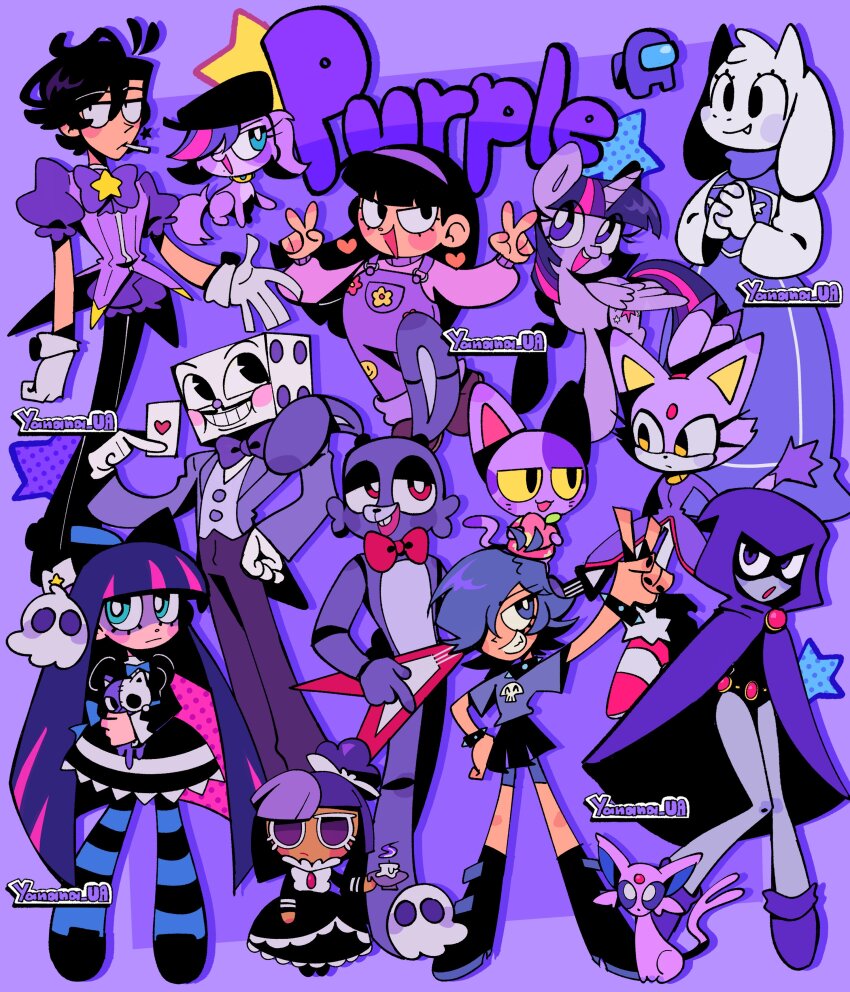 6+girls :d :o \||/ abby_(turning_red) absurdres among_us animal_crossing animal_ears artist_name black_dress black_eyes black_hair black_pantyhose blackberry_cookie blaze_the_cat blue_pantyhose bob_(animal_crossing) bonnie_(fnaf) bow bowtie bracelet bright_pupils capelet card cat character_request closed_mouth color_connection colored_sclera commentary cookie_run copyright_request creatures_(company) crossover cuphead_(game) dc_comics dog double_v dress english_commentary english_text espeon five_nights_at_freddy&#039;s full_body furry furry_female game_freak gen_2_pokemon ghost gloves goat_ears goat_girl grin guitar hand_on_own_hip heart hi_hi_puffy_amiyumi highres holding holding_card holding_guitar holding_instrument holding_stuffed_toy hood hood_up hooded_capelet horns instrument interlocked_fingers jewelry king_dice knees_together_feet_apart littlest_pet_shop long_hair long_sleeves looking_at_another looking_at_viewer multicolored_hair multiple_boys multiple_crossover multiple_girls my_little_pony my_little_pony:_friendship_is_magic nintendo object_head open_mouth overalls own_hands_clasped own_hands_together panty_&amp;_stocking_with_garterbelt pantyhose pink_hair pink_shirt pokemon pokemon_(creature) purple_(among_us) purple_background purple_capelet purple_eyes purple_hair purple_overalls purple_theme raven_(dc) red_bow red_bowtie red_eyes shirt short_sleeves simple_background smile sonic_(series) spiked_bracelet spikes standing star_(symbol) stocking_(psg) streaked_hair striped_clothes striped_pantyhose stuffed_animal stuffed_toy teen_titans toriel turning_red twilight_sparkle two-tone_hair undertale v very_long_hair watermark white_gloves white_pupils winged_unicorn yanana_ua yellow_eyes yellow_sclera yoshimura_yumi zoe_trent