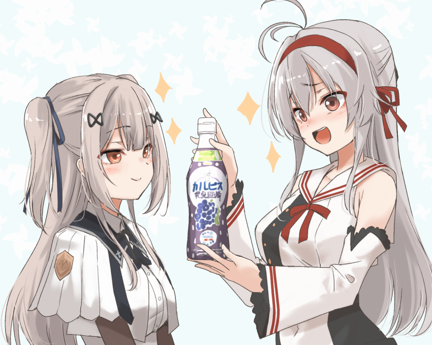2girls :d antenna_hair armpit_crease arms_up assault_lily bare_shoulders black_ribbon black_shirt blue_background blue_ribbon blush bottle breasts buttons calpis collarbone commentary_request covered_navel cropped_jacket detached_sleeves from_side grey_hair hair_between_eyes hair_ornament hair_ribbon hairband hairclip half_updo holding holding_bottle kawakubo_orika long_hair long_sleeves looking_at_object medium_breasts multiple_girls neck_ribbon nose_blush open_mouth orange_eyes raised_eyebrows red_hairband red_ribbon ribbon sailor_collar school_uniform serafuku shirt short_sleeves sleeveless sleeveless_shirt smile sparkle tada_shiera teeth two-tone_shirt two_side_up upper_body upper_teeth_only urutsu_sahari white_sailor_collar white_shirt wide_sleeves yurigaoka_girls_academy_school_uniform