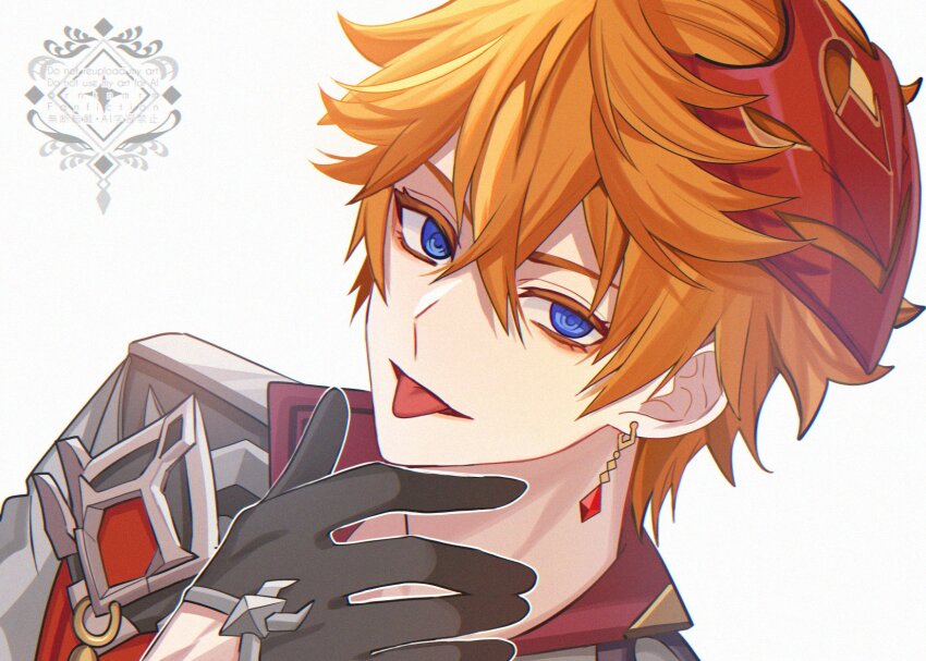 1boy arm_up black_gloves blue_eyes collared_jacket colored_eyelashes commentary_request crossed_bangs double-parted_bangs dutch_angle earrings genshin_impact gloves highres hiki_yuichi jacket jewelry male_focus mask mask_on_head orange_hair piercing red_mask short_hair simple_background single_earring solo tartaglia_(genshin_impact) tongue tongue_out watermark white_background