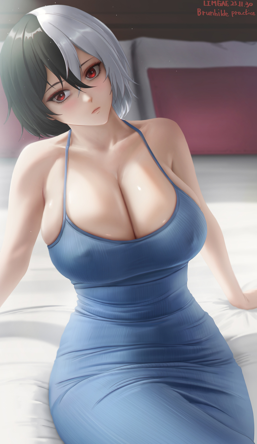1girl azur_lane bare_shoulders black_hair blue_dress blush breasts bruenhilde_(azur_lane) cleavage collarbone covered_erect_nipples dress highres large_breasts limgae looking_at_viewer multicolored_hair red_eyes short_hair solo split-color_hair two-tone_hair white_hair