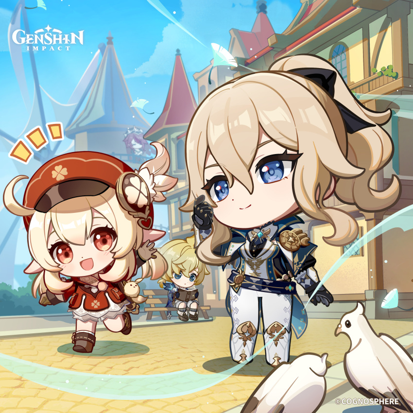1boy 2girls absurdres belt bench bird black_gloves blonde_hair blue_eyes blue_sky book boots brown_boots building newsboy_cap chibi closed_mouth commentary copyright_name day dodoco_(genshin_impact) dot_nose dress english_commentary genshin_impact gloves hair_between_eyes hat high_ponytail highres holding holding_book jean_(genshin_impact) jean_(gunnhildr&#039;s_legacy)_(genshin_impact) klee_(genshin_impact) looking_ahead looking_at_viewer low_twintails mika_(genshin_impact) multiple_girls official_art on_bench open_mouth outdoors outstretched_arms pants pointy_ears ponytail reading red_dress red_eyes red_hat short_twintails side_ahoge sitting sky standing standing_on_one_leg twintails white_boots white_pants