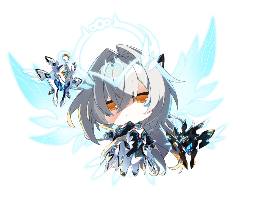 1girl black_gloves blue_halo boots chibi cleavage_cutout clothing_cutout code:sariel_(elsword) commentary_request dress elsword energy energy_wings eve_(elsword) expressionless facial_mark flat_chest gem gloves halo highres jewelry long_hair looking_at_viewer machine mechanical_ears moby_(elsword) mulook orange_eyes remy_(elsword) robot strapless transparent transparent_background very_long_hair white_dress white_hair
