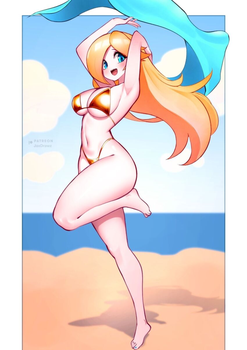 1girl armpits arms_up bare_shoulders bikini blonde_hair blue_eyes blush breasts gold_bikini hair_over_one_eye highres jaxdrawz large_breasts legs long_hair looking_at_viewer mario_(series) midriff nintendo open_mouth rosalina smile solo stomach swimsuit thighs
