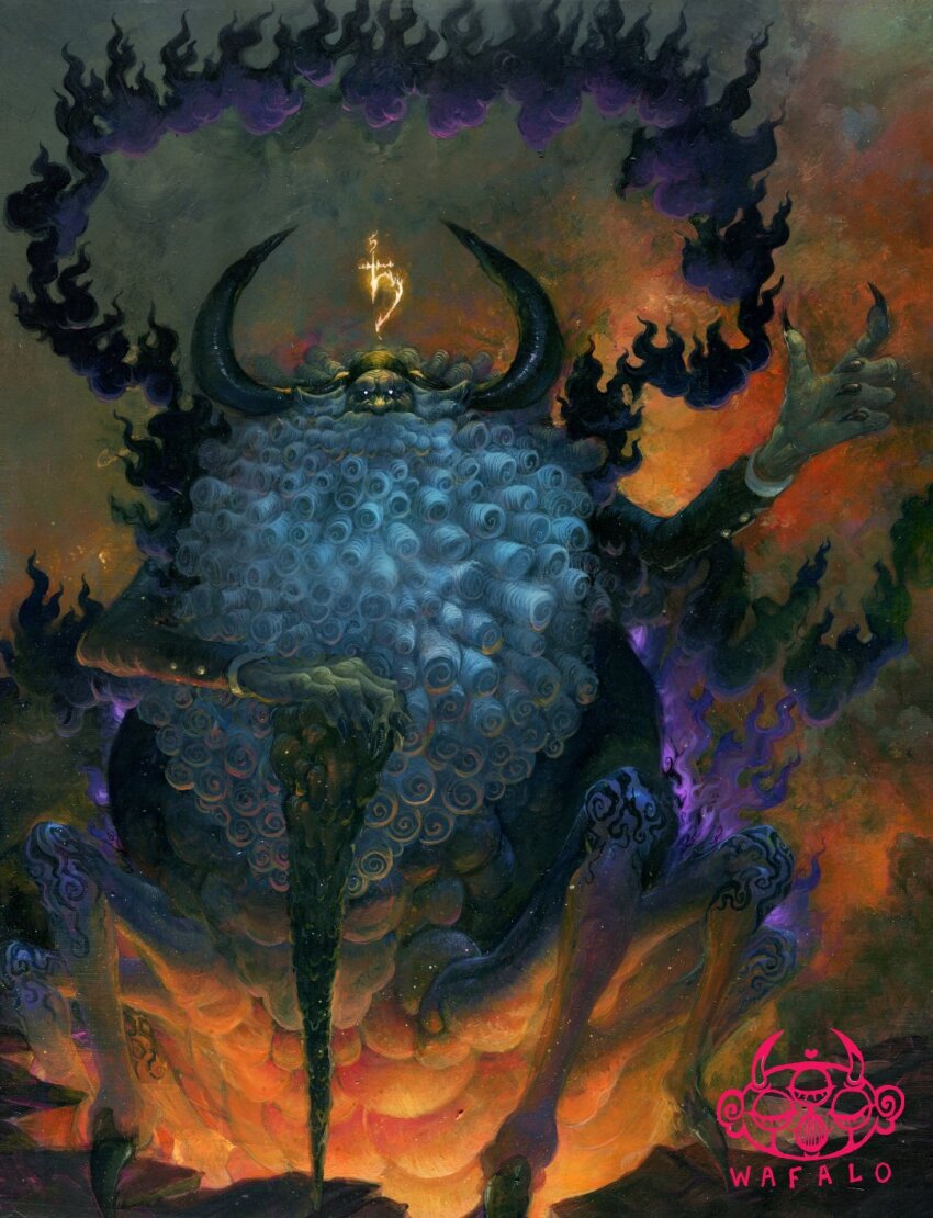 alternate_form arthropod_boy artist_name bandana beard black_bandana black_fire black_horns black_nails black_suit broken_ground cane claws cloud cloudy_sky crack cracked_floor dark_clouds devil_fruit_power dreadlocks embers facial_hair fingernails fire formal_clothes giant giant_male glowing glowing_eyes hagoromo hand_up highres holding holding_staff horns jaygarcia_saturn long_beard male_focus multiple_legs mustache no_eyebrows one_piece purple_fire saturn_symbol scar sharp_fingernails shawl sky smoke spider_boy staff suit traditional_youkai ushi-oni_(youkai) wafalo watermark white_hair wrinkled_skin