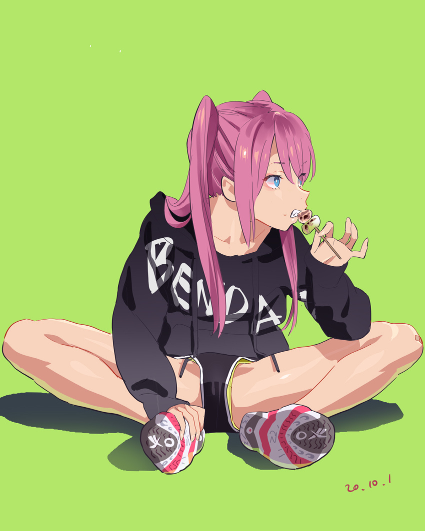 1girl black_hoodie black_shorts blue_eyes clothes_writing dated dolphin_shorts eating food full_body green_panties grey_background highres holding holding_food hood hood_down hoodie indian_style long_hair long_sleeves original panties panty_peek pink_hair pinky_out print_hoodie quad_tails reebok shoes short_shorts shorts simple_background sitting skewer sneakers solo spread_legs twintails underwear upshorts yukiyoshi_mamizu