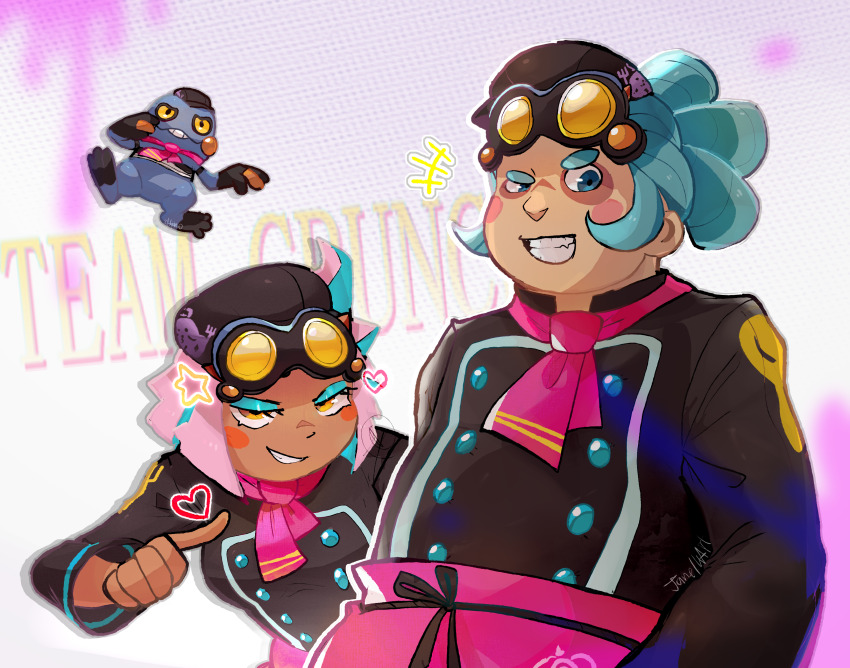 +++ 1boy 1girl absurdres amandine_(pokemon) apron aqua_hair blush_stickers buttons croagunk croagunk_(team_crunch) eyelashes eyeshadow gen_4_pokemon goggles grin half-closed_eyes hat heart highres ignace_(pokemon) jacket looking_down makeup mixed-language_commentary multicolored_hair necktie nintendo pink_apron pink_hair pink_necktie pokemon pokemon_(creature) pokemon_cafe_remix ragou2niko short_hair short_necktie signature smile star_(symbol) team_crunch teeth two-tone_hair waist_apron yellow_eyes
