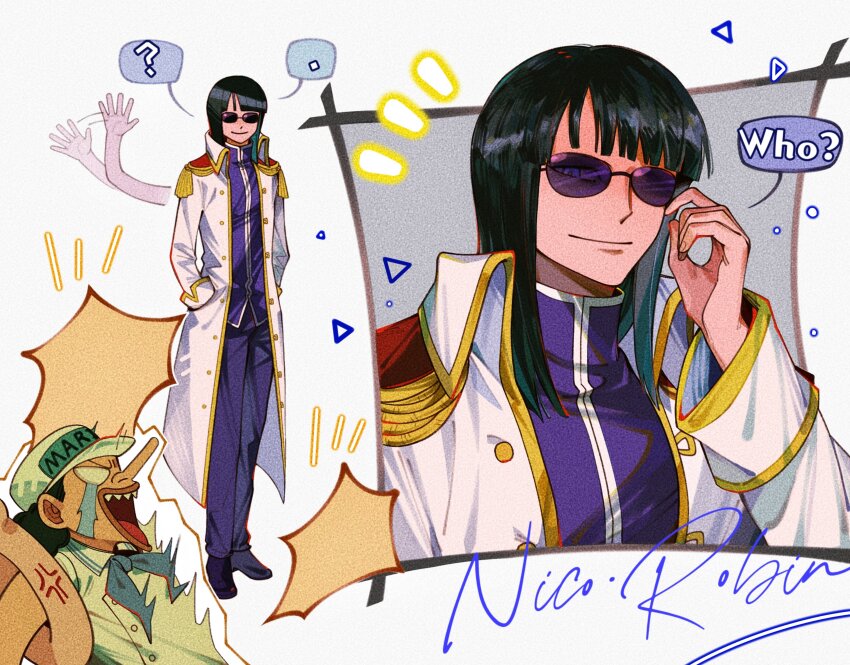 1boy 1girl ? absurdres alternate_costume black_hair blank_speech_bubble blue_eyes blue_neckerchief blunt_bangs character_name coat collar crying disembodied_hand epaulettes hana_hana_no_mi hand_up hands_in_pockets high_collar highres jo_jun long_nose long_sleeves multiple_views neckerchief nico_robin nico_robin_(g-8) one_piece open_clothes open_coat pants purple_pants purple_shirt shirt smile speech_bubble sunglasses tinted_eyewear usopp waving white_coat