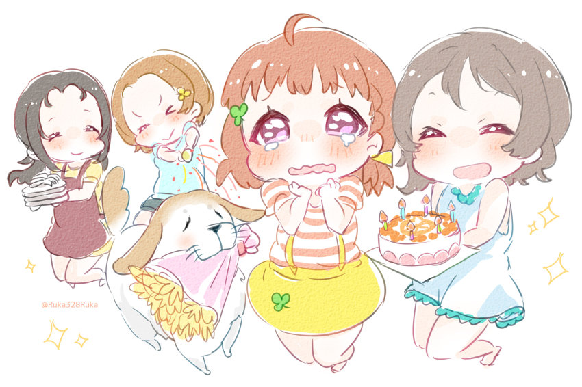 10s 4girls aged_down ahoge birthday_cake black_hair blouse bouquet brown_hair cake chibi closed_eyes commentary_request dog dress flower food fork highres love_live! love_live!_sunshine!! mouth_hold multiple_girls open_mouth orange_hair plate plate_stack red_eyes ruka328 shiitake_(love_live!) shirt short_hair short_sleeves simple_background skirt sleeveless sleeveless_dress sparkle striped_clothes striped_shirt suspender_skirt suspenders takami_chika takami_mito takami_shima tears twitter_username watanabe_you wavy_mouth white_background yellow_skirt