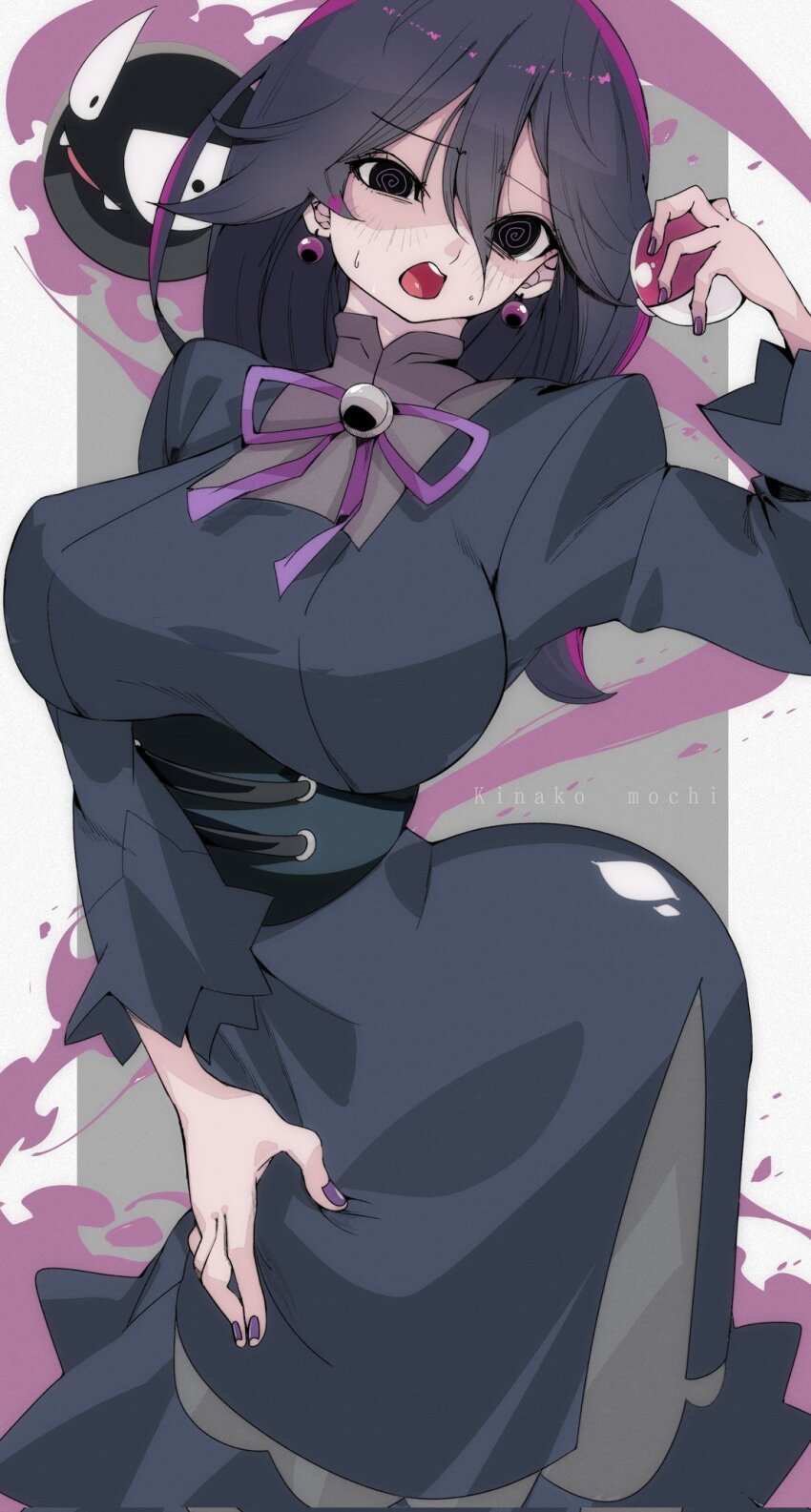 1girl @_@ black_eyes black_hair blush breasts earrings fangs gastly gen_1_pokemon ghost grey_background hex_maniac_(pokemon) hex_maniac_(pokemon_legends:_z-a) highres huge_breasts jewelry kinakomochi_(user_vedc2333) large_breasts long_hair long_sleeves looking_at_viewer mature_female nail_polish nintendo open_mouth pokemon pokemon_(creature) pokemon_legends:_z-a puffy_sleeves purple_nails purple_ribbon ribbon standing sweat teeth