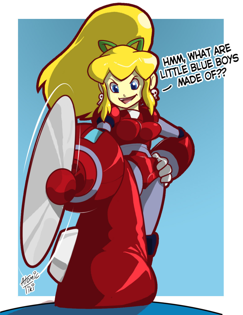 &gt;:d 1girl :d android atomictiki blonde_hair blue_eyes buzzsaw_(tool) capcom circular_saw dark_persona earrings english_text hair_ribbon hand_on_own_hip highres jewelry long_hair mega_man_(classic) mega_man_(series) open_mouth revision ribbon roll_(mega_man) saw skull smile speech_bubble v-shaped_eyebrows weapon