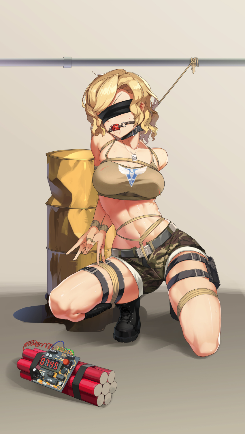 1girl abs absurdres arms_behind_back ball_gag bdsm blindfold blonde_hair bondage bound braid breasts collar command_&amp;_conquer commission explosive full_body gag gagged highres long_hair medium_breasts navel original peril pointy_ears restrained rope saliva second-party_source shinebell skindentation solo tanya_(red_alert_3) tnt variant_set wiffle_gag