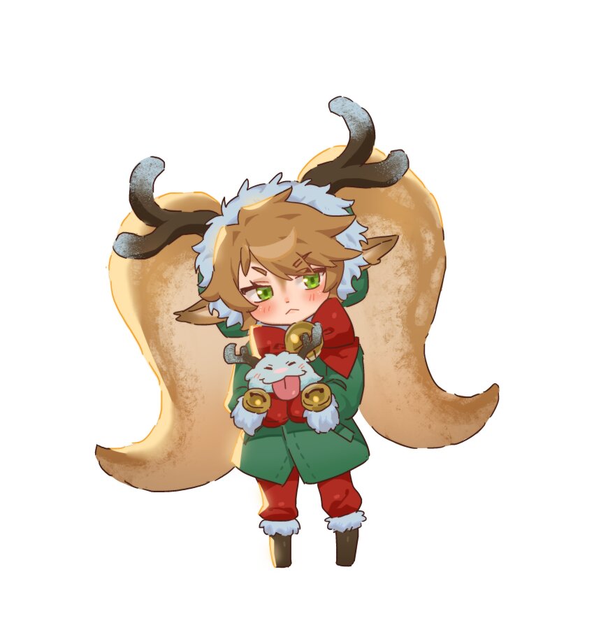 1girl :&lt; absurdres antlers bell blush bow bowtie brown_footwear brown_hair fur-trimmed_headwear fur_trim green_eyes green_jacket highres horns hug jacket league_of_legends mittens neck_bell odanju pants pointy_ears poppy_(league_of_legends) poro_(league_of_legends) red_bow red_bowtie red_pants simple_background snow_fawn_poppy standing twintails white_background