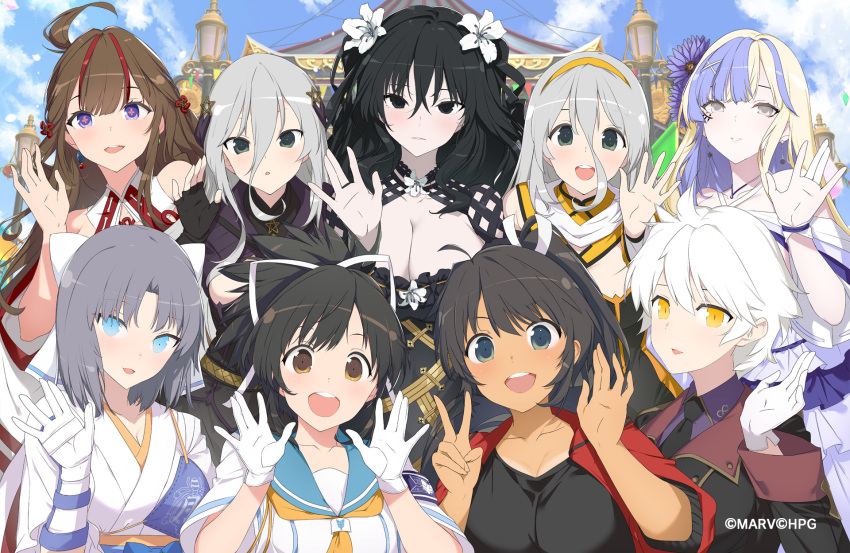 +_+ 6+girls :d :o arm_up arms_up asuka_(senran_kagura) bikini_tan black_eyes black_hair black_necktie black_tank_top blonde_hair blue_eyes blue_hair blush bow breasts bridal_gauntlets brown_eyes brown_hair chinese_knot cleavage closed_mouth commentary dark-skinned_female dark_skin day earrings facial_tattoo fingerless_gloves flower flower-shaped_pupils flower_bra folded_ponytail frontless_outfit fubuki_(senran_kagura) gekkou_(senran_kagura) gloves green_eyes grey_hair hair_between_eyes hair_bow hair_flower hair_ornament hair_ribbon hair_rings hair_tie hairband hairpin hanzou_academy_school_uniform high_ponytail highres homura_(senran_kagura) jacket japanese_clothes jewelry kimono large_breasts lily_(flower) long_hair long_hair_between_eyes long_sidelocks medium_hair military_uniform mismatched_earrings miyabi_(senran_kagura) multicolored_hair multiple_girls multiple_hairpins neck_tassel necktie official_alternate_costume official_art open_clothes open_jacket open_mouth outdoors pale_skin pink_pupils ponytail purple_petals purple_shirt red_jacket red_streaks revealing_clothes ribbon school_uniform senkou_(senran_kagura) senran_kagura senran_kagura_new_link shirt short_hair sidelocks slit_pupils smile streaked_hair striped_bow suiren_(senran_kagura) symbol-shaped_pupils tan tank_top tanline tattoo teeth toki_(senran_kagura) two-tone_kimono upper_teeth_only v waving wavy_hair white_bow white_eyes white_flower white_gloves white_hair white_kimono white_lily white_ribbon yaegashi_nan yellow_eyes yellow_hairband yumi_(senran_kagura)
