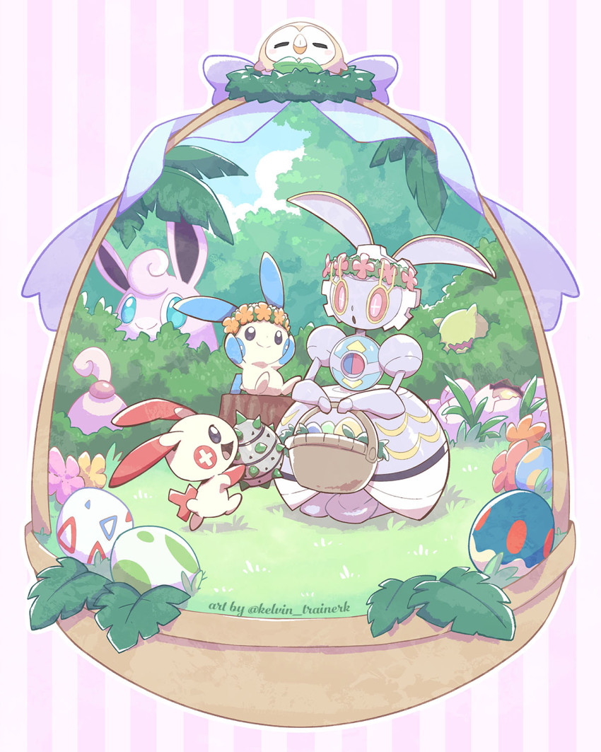 :d :o basket bright_pupils bush cloud commentary day egg ferroseed gen_1_pokemon gen_3_pokemon gen_5_pokemon gen_7_pokemon grass highres holding holding_pokemon kelvin-trainerk legendary_pokemon magearna minun mythical_pokemon nintendo open_mouth outdoors plusle pokemon pokemon_(creature) pokemon_egg pokemon_focus red_eyes rowlet sitting sky smile togepi_egg tongue tree_stump wigglytuff