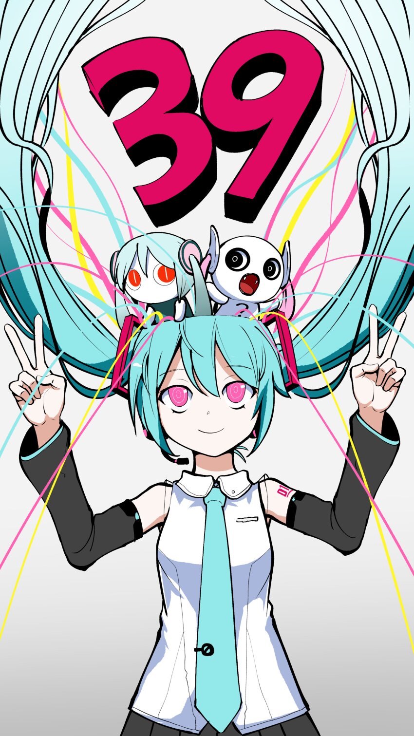 39 3girls absurdres aimaina aqua_hair aqua_necktie arms_up black_skirt breasts bright_pupils closed_mouth commentary cowboy_shot detached_sleeves double_v doushite-chan floating_hair hair_ornament hatsune_miku headset highres long_hair looking_up making-of_available miku_day multiple_girls necktie no_mouth open_mouth party_popper pink_eyes pinocchio-p pleated_skirt ringed_eyes shirt shoulder_tattoo skirt sleeveless sleeveless_shirt slit_pupils small_breasts smile tattoo tie_clip twintails upper_body v very_long_hair vocaloid white_pupils white_shirt