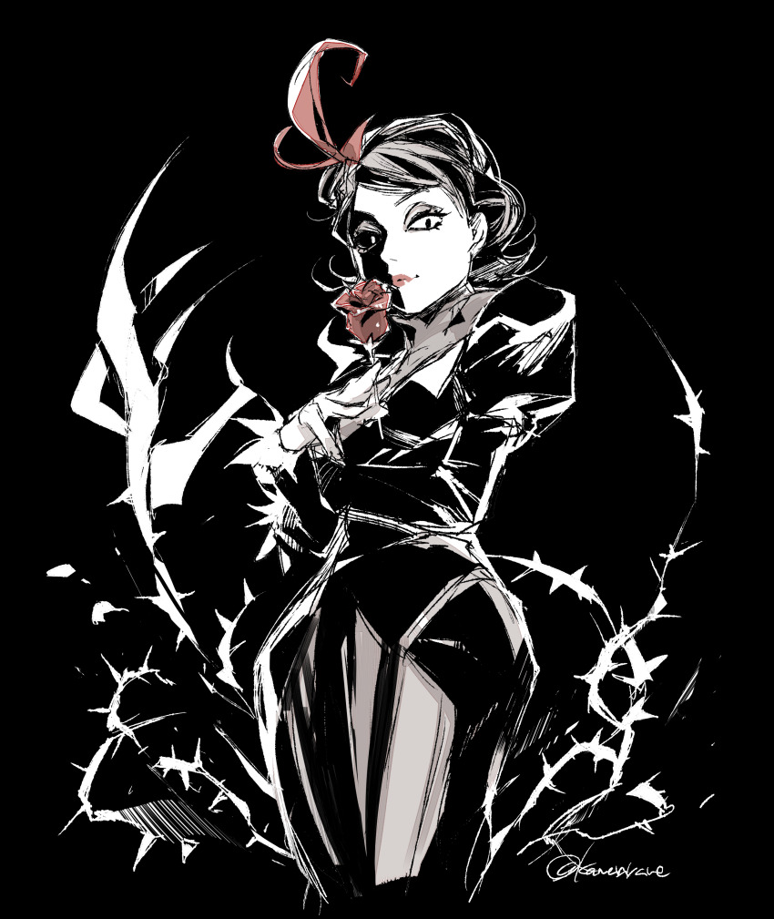 1girl absurdres black_dress charlie_(don&#039;t_starve) cowboy_shot don&#039;t_starve downturned_eyes dress feather_hair_ornament feathers flipped_hair flower hair_ornament high-low_dress high-low_skirt highres holding holding_flower juliet_sleeves kawarayane long_sleeves looking_down medium_hair mismatched_sclera monochrome one_eye_in_shadow pants plant puffy_sleeves red_feathers red_flower red_lips red_rose rose sanpaku signature solo spot_color swept_bangs vines