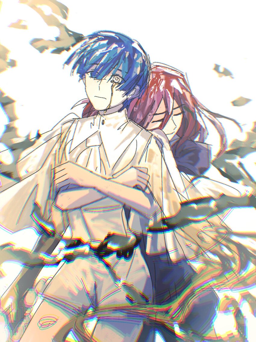 2others blue_eyes blue_hair blunt_bangs chromatic_aberration cinnabar_(houseki_no_kuni) crying crystal_hair cyberseaurchin heterochromia highres houseki_no_kuni hug multiple_others other_focus phosphophyllite_(ll) red_hair short_hair sketch white_eyes