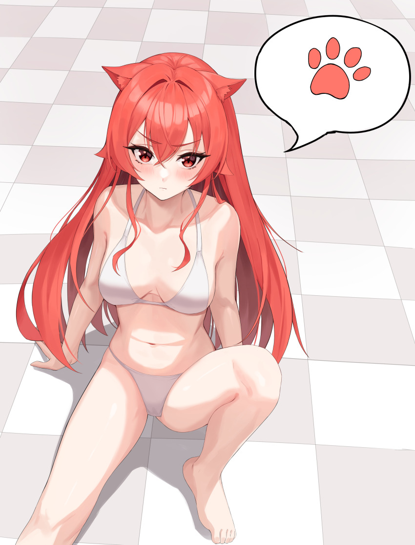 1girl absurdres aki_(user_mxzg2544) animal_ear_fluff animal_ears barefoot bikini blush breasts cat_ears checkered_floor closed_mouth eris_greyrat eyebrows_hidden_by_hair hair_between_eyes hands_on_floor highres knee_up large_breasts long_hair looking_at_viewer mushoku_tensei navel red_eyes red_hair shadow sitting solo spoken_paw_print stomach swimsuit toes very_long_hair white_bikini