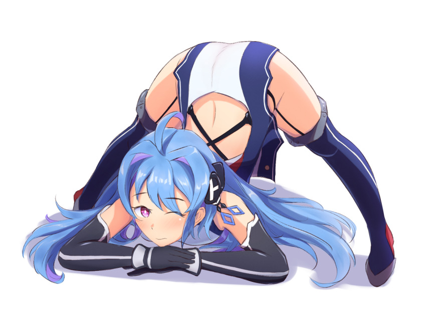 1girl ahoge arm_rest ass azur_lane blue_hair blue_thighhighs bright_pupils flexible guilty_gear guilty_gear_strive helena_(azur_lane) jack-o&#039;_challenge kyl490 long_hair meme one_eye_closed plunging_neckline purple_eyes solo spread_legs thighhighs top-down_bottom-up wide_spread_legs