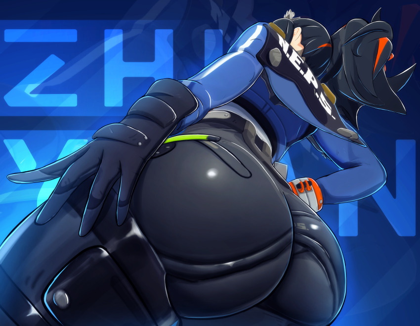 1girl 3d absurdres arm_at_side ass ass_focus black_gloves black_hair black_pants blue_background blue_jacket capelet character_name commentary contrapposto dutch_angle english_commentary female_focus foreshortening from_behind from_below gloves hand_on_own_hip high-waist_pants highres huge_ass jacket knee_pads logo long_sleeves looking_ahead multicolored_hair pants police police_uniform policewoman ponytail red_hair sala3d simple_background solo streaked_hair thick_thighs thighs undershirt zenless_zone_zero zhu_yuan