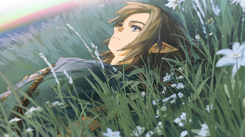 1boy absurdres ashorz blonde_hair blue_eyes day earrings flower grass highres jewelry link lying male_focus medium_hair nature nintendo on_back on_grass on_ground outdoors pointy_ears solo the_legend_of_zelda upper_body white_flower