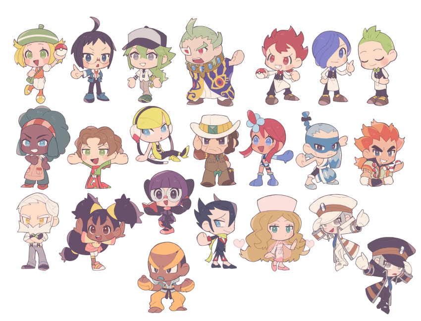 6+boys 6+girls :d ahoge alder_(pokemon) apron beard bianca_(pokemon) black_coat black_hat blonde_hair blue_eyes blue_hair blunt_bangs book brown_eyes brown_hair brown_vest brycen_(pokemon) burgh_(pokemon) caitlin_(pokemon) cheren_(pokemon) chibi chili_(pokemon) cilan_(pokemon) clay_(pokemon) clenched_hands closed_eyes coat commentary cress_(pokemon) dark-skinned_female dark_skin drayden_(pokemon) elesa_(pokemon) emmet_(pokemon) facial_hair fingerless_gloves ghetsis_(pokemon) glasses gloves green_eyes green_footwear green_hair green_hat grimsley_(pokemon) hair_over_one_eye hat highres hime_(himetya105) holding holding_book holding_poke_ball index_finger_raised ingo_(pokemon) iris_(pokemon) jacket lenora_(pokemon) long_hair low-tied_long_hair marshal_(pokemon) multiple_boys multiple_girls n_(pokemon) nintendo open_mouth orange_pantyhose orange_vest pants pantyhose poke_ball poke_ball_(basic) pokemon pokemon_bw purple_hair red_hair shauntal_(pokemon) shirt shoes sidelocks skyla_(pokemon) smile striped_coat u_u vest waist_apron white_background white_coat white_hat yellow_shoes