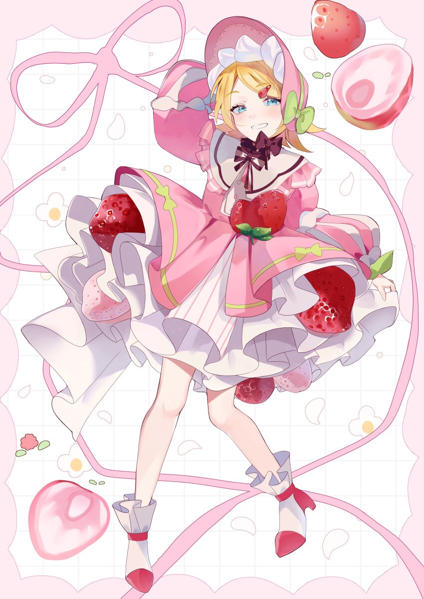 1girl absurdres ankle_boots blonde_hair blue_eyes boots dress food food-themed_clothes frilled_dress frills fruit full_body grin highres inubangarou kagamine_rin layered_dress looking_at_viewer pink_dress short_hair smile solo strawberry vocaloid white_strawberry